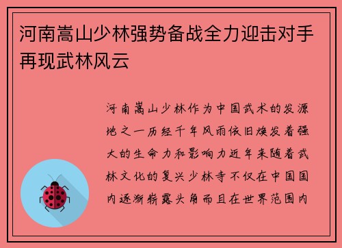 河南嵩山少林强势备战全力迎击对手再现武林风云