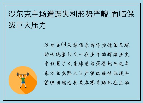 沙尔克主场遭遇失利形势严峻 面临保级巨大压力