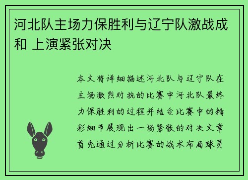 河北队主场力保胜利与辽宁队激战成和 上演紧张对决